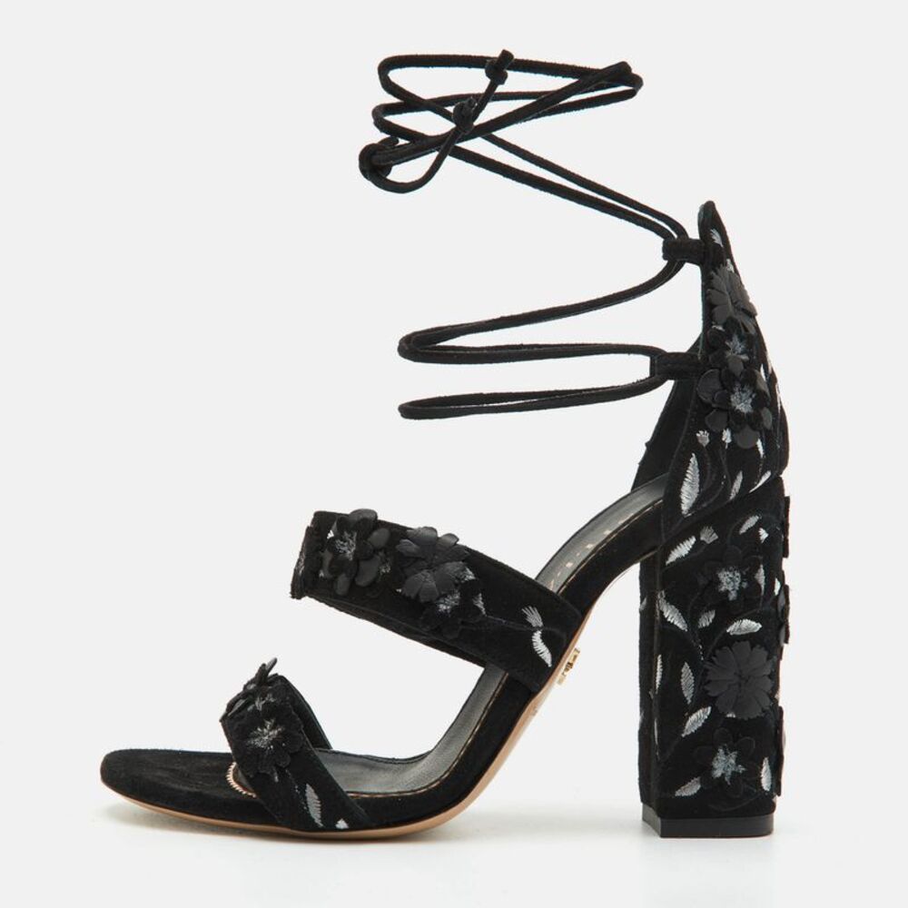 Le Silla Floral Size 36 Black Suede Block Heel Ankle Strap Sandals